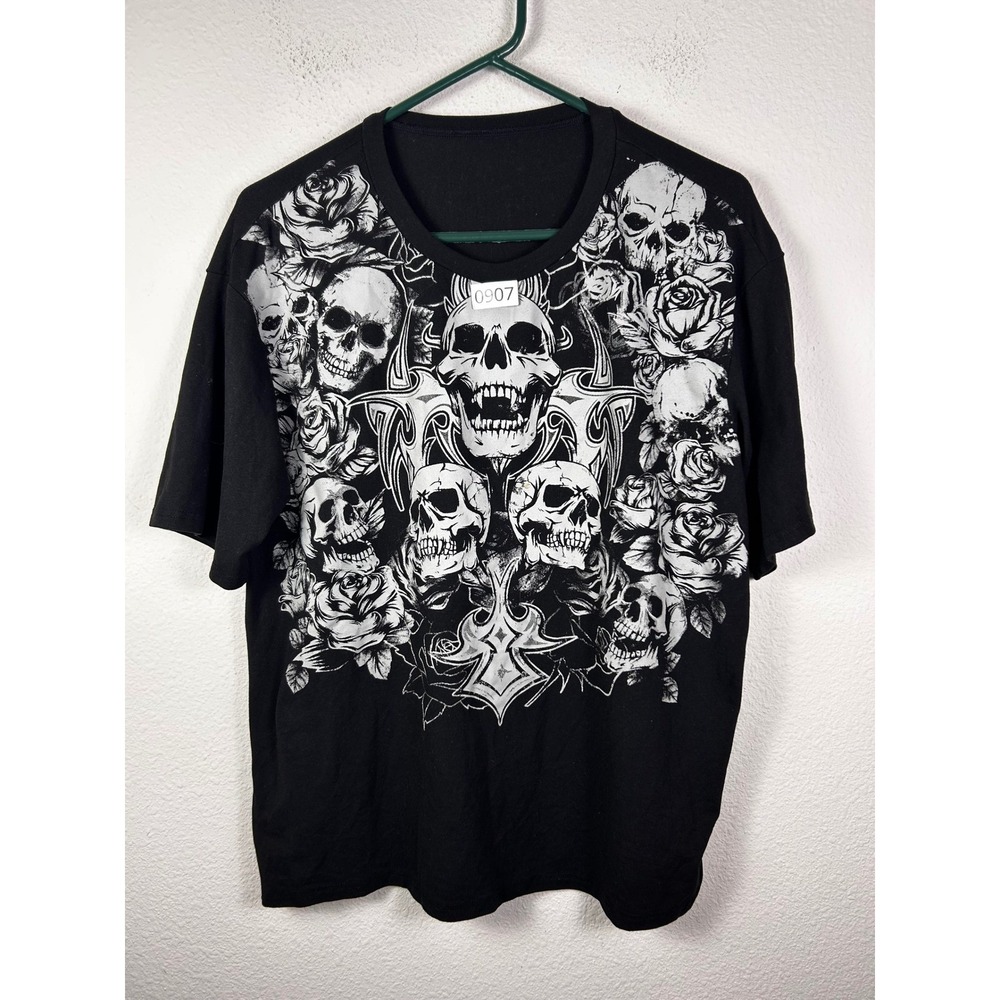 Mens Black Graphic T-Shirt Skulls and Roses Gothic Biker Tee Grayscale Print